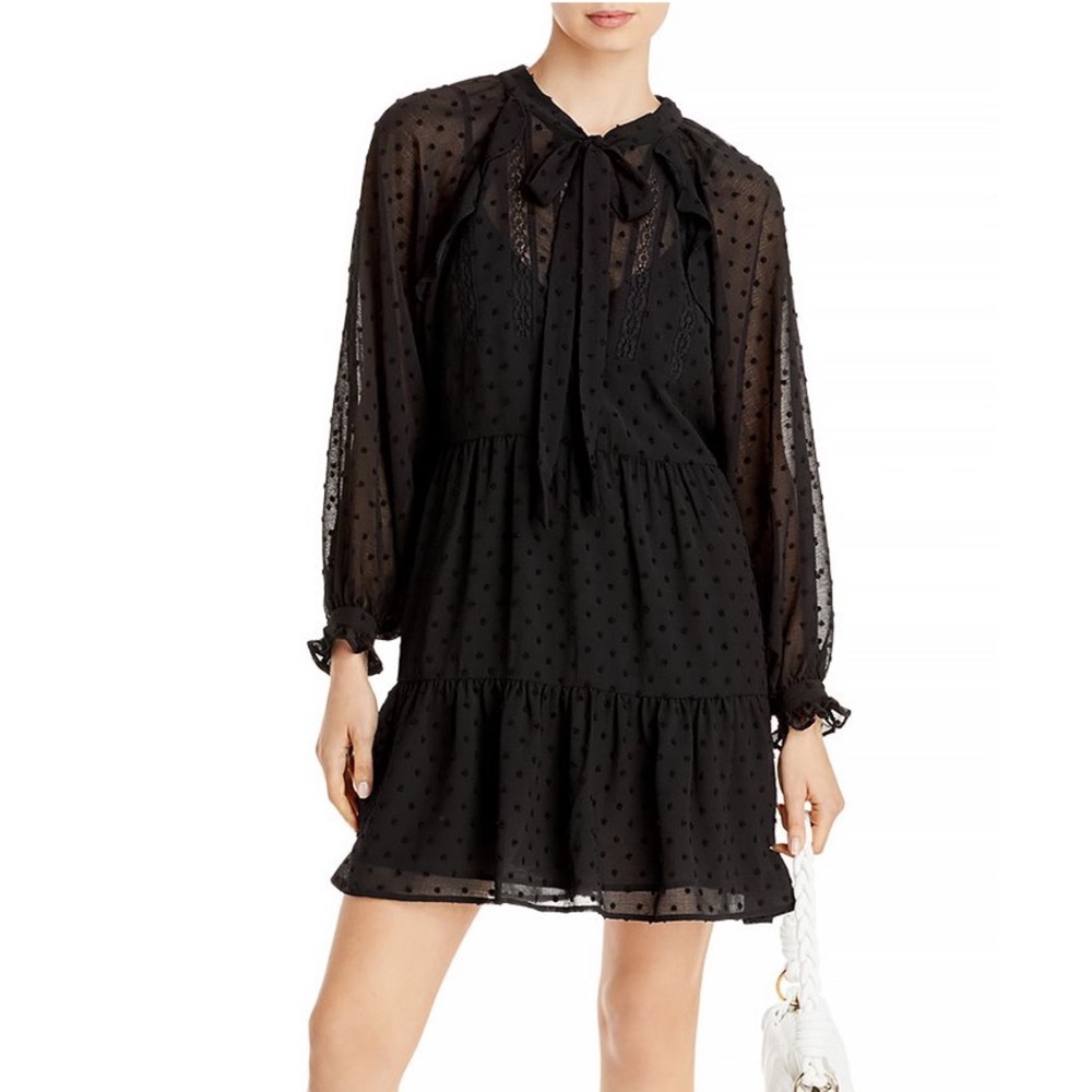 Aqua NWT Ruffle Clip Dot Mini Dress Pussy Bow Bishop Sleeves V Neck Black New